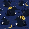 Colorful seamless pattern with foxes, plants, moon, stars