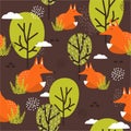 Colorful seamless pattern with foxes, trees. Decorative cute backgroundm funny animals and forest