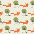 Colorful seamless pattern with foxes, trees and fir-trees. Decorative cute background with animals and forest