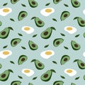 Colorful seamless pattern with fried poached egg, and avocado. Vector backdrop with food. Flat vector seamless pattern