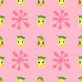 Colorful seamless pattern of funny cartoon fruits with cheerful faces of pear and lemon on a pink background with a blot.