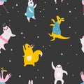 Colorful seamless pattern with funny dancing animals in disco glasses and costumes