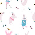 Colorful seamless pattern with funny dancing animals in disco glasses and costumes