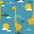 Colorful seamless pattern with funny giraffes, moon, stars. Decorative cute background with happy animals, night sky