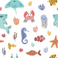 Colorful seamless pattern with funny marine animals or underwater creatures, corals and seaweed on white background Royalty Free Stock Photo