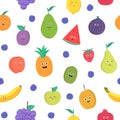 Colorful seamless pattern with funny ripe fresh tropical fruits and berries with happy smiling faces on white background Royalty Free Stock Photo