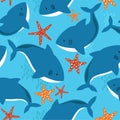 Colorful seamless pattern with funny sharks, sea stars. Decorative cute background with fishes. Marine illustration
