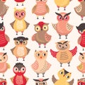 Colorful seamless pattern with funny smart owls on white background. Backdrop with adorable owlets in different poses