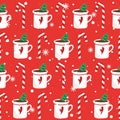 Colorful seamless pattern, gingerbreads, biscuits, cups of cocoa, candy canes. Happy New Year. Merry Christmas