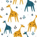 Colorful seamless pattern, giraffes in grass. Decorative cute background with animals