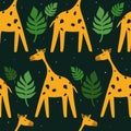 Colorful seamless pattern with giraffes, palm leaves. Decorative cute background with funny animals, garden