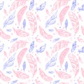 Colorful seamless pattern with hand drawing ornament feathers.