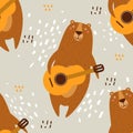 Colorful seamless pattern with happy bears, guitars. Decorative cute background, funny animals, musical instruments Royalty Free Stock Photo