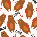 Colorful seamless pattern with happy bears, hearts, english text. Decorative cute background with animals, love