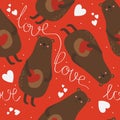 Colorful seamless pattern with happy bears, hearts, english text. Decorative cute background with animals. Love