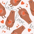 Colorful seamless pattern with happy bears, hearts, english text. Decorative cute background with animals. Love