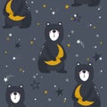 Colorful seamless pattern with happy bears, moon, stars. Decorative cute background with animals, night sky