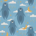 Colorful seamless pattern with happy bears, moon, stars. Decorative cute background, funny animals, night sky