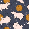 Colorful seamless pattern with happy bears, moon, stars. Decorative cute background with funny animals, night sky