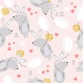 Colorful seamless pattern with happy bunnies, air ballons, hearts. Decorative cute background with animals. Romantic rabbits Royalty Free Stock Photo