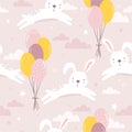 Colorful seamless pattern, happy bunnies, air balloons, sky. Decorative cute background with animals. Funny rabbits, clouds, stars Royalty Free Stock Photo