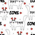 Colorful seamless pattern with happy cats, hearts. Decorative cute background, funny animals, love. Romantic wallpaper