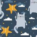 Colorful seamless pattern with happy cats, stars, clouds. Decorative cute background with animals, night sky Royalty Free Stock Photo