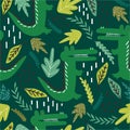 Colorful seamless pattern with happy crocodiles and leaves. Decorative cute background with reptiles Royalty Free Stock Photo