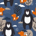 Colorful seamless pattern, happy cute bears and foxes, trees and clouds