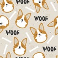 Colorful seamless pattern with happy dogs. Decorative cute background with animals, bones. Corgi. Woof Royalty Free Stock Photo