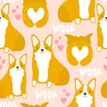 Colorful seamless pattern with happy dogs, hearts. Decorative cute background, romantic corgi