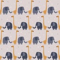 Colorful seamless pattern with happy elephants, giraffes. Decorative cute background with funny animals