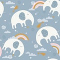 Colorful seamless pattern with happy elephants, sky. Decorative cute background with animals, rainbow Royalty Free Stock Photo