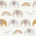 Colorful seamless pattern with happy elephants, sky. Decorative cute background with animals, rainbow Royalty Free Stock Photo