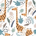 Colorful seamless pattern with happy giraffes, leaves. Decorative cute background with funny animals, garden Royalty Free Stock Photo