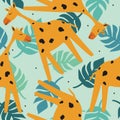 Colorful seamless pattern with happy giraffes, palm leaves. Decorative cute background with funny animals, garden Royalty Free Stock Photo