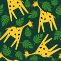 Colorful seamless pattern with happy giraffes, palm leaves. Decorative cute background with funny animals, garden