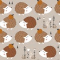 Colorful seamless pattern with happy hedgehogs, apples. Decorative cute background with funny animals Royalty Free Stock Photo