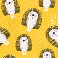 Colorful seamless pattern with happy hedgehogs. Decorative cute background with animals