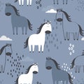 Colorful seamless pattern with happy horses, sky. Decorative cute background with funny animals Royalty Free Stock Photo