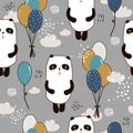 Colorful seamless pattern with happy pandas, air ballons. Decorative cute background with funny animals, sky Royalty Free Stock Photo