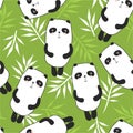 Colorful seamless pattern with happy pandas, bamboo leaves. Decorative cute background with funny animals, foliage