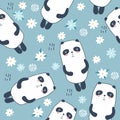 Colorful seamless pattern with happy pandas, flowers. Decorative cute background with funny animals, garden