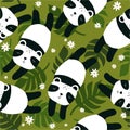 Colorful seamless pattern with happy pandas, flowers, palm leaves. Decorative cute background with funny animals, plants