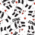 Colorful seamless pattern with happy pandas, hearts. Decorative cute background with funny animals. Love