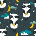 Colorful seamless pattern with happy pandas, moon, stars. Decorative cute background with animals