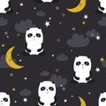 Colorful seamless pattern with happy pandas, moon, stars. Decorative cute background with funny animals, night sky