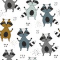 Colorful seamless pattern with happy raccoons. Decorative cute background with funny animals