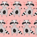 Colorful seamless pattern with happy raccoons, hearts. Decorative cute background with animals