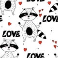 Colorful seamless pattern with happy raccoons, hearts. Decorative cute background, funny animals. Love